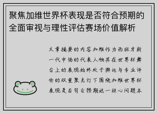 聚焦加维世界杯表现是否符合预期的全面审视与理性评估赛场价值解析