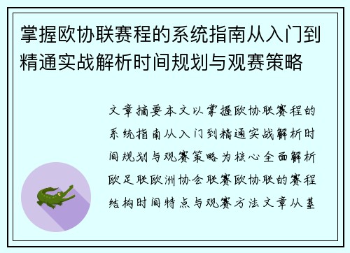 掌握欧协联赛程的系统指南从入门到精通实战解析时间规划与观赛策略
